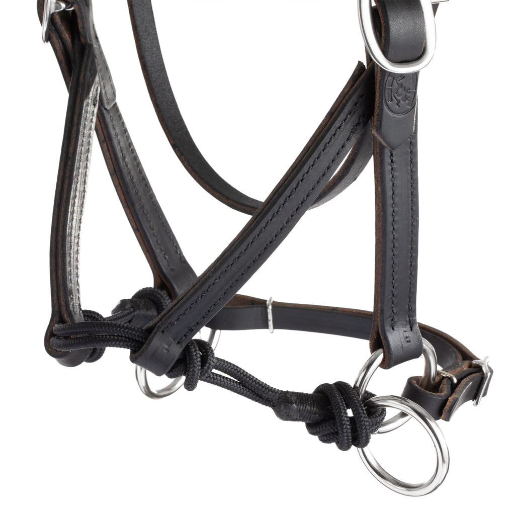 Stealth Performance Bitless Bridle – Slim Black Buffalo Leather Sidepull Bridle with Rope Noseband