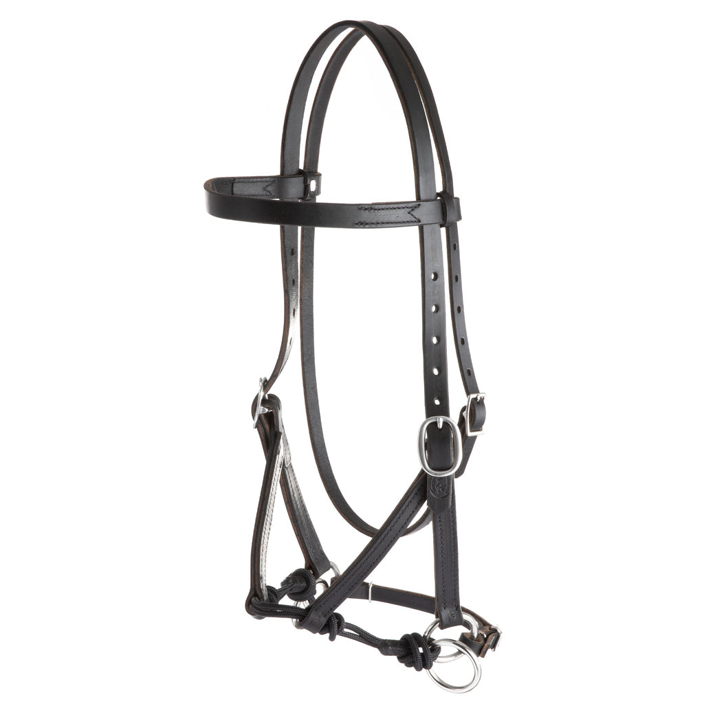Stealth Performance Bitless Bridle – Slim Black Buffalo Leather Sidepull Bridle with Rope Noseband