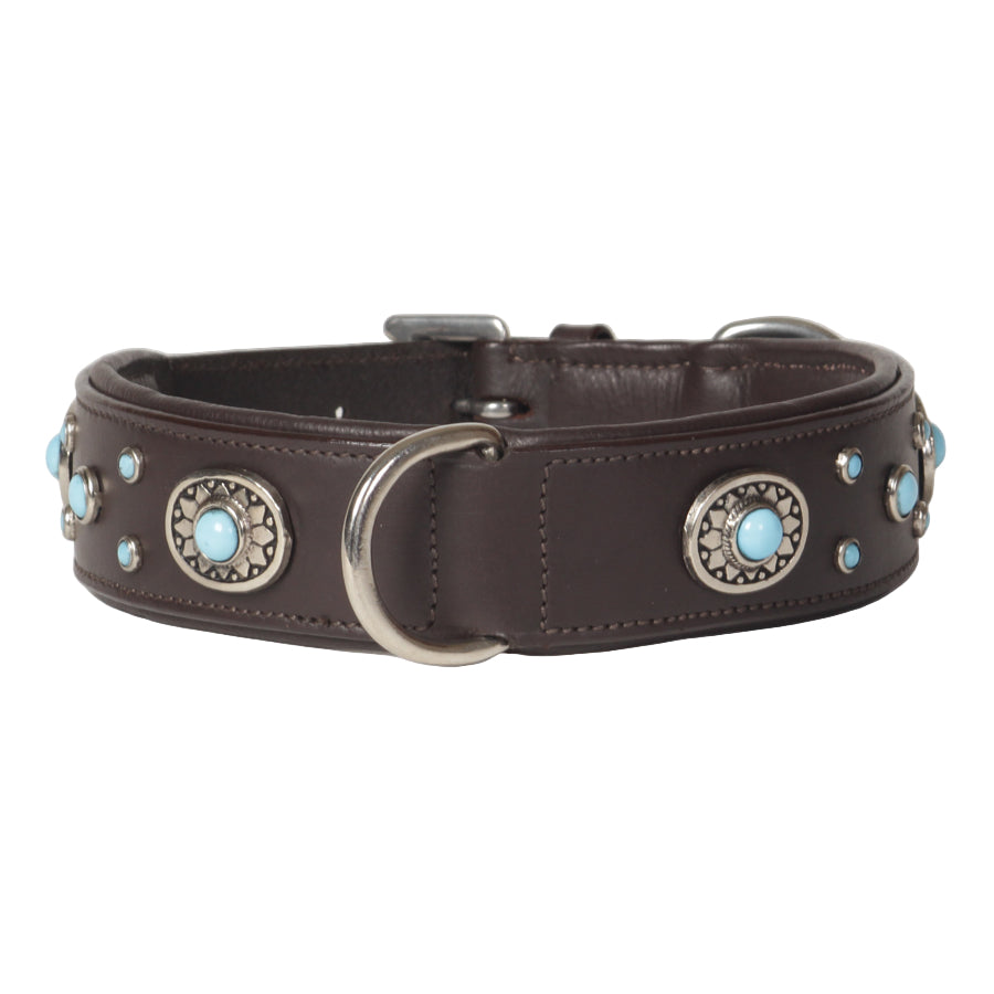 Decorative Genuine Leather Dog Collar with Turquoise Conchos – Padded Handmade Collar for Dogs