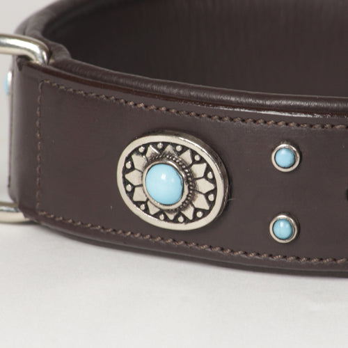 Decorative Genuine Leather Dog Collar with Turquoise Conchos – Padded Handmade Collar for Dogs