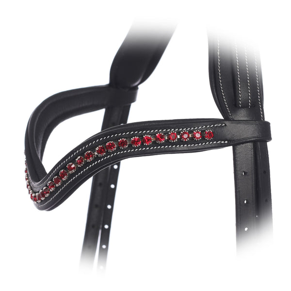Premium Curved Padded Genuine Leather Browband with Ruby Red Crystal Accents – Handcrafted English Bridle Accessory