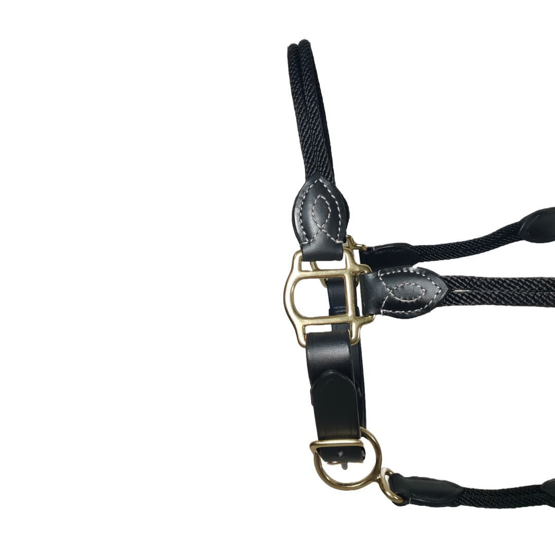 Premium Buffalo Leather & Rope Horse Halter with Solid Brass Hardware & Rolled Throatlatch