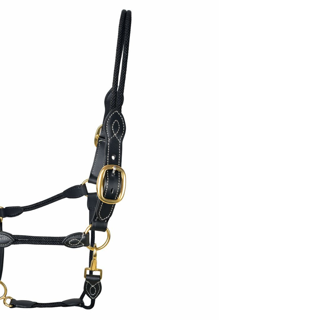 Premium Buffalo Leather & Rope Horse Halter with Solid Brass Hardware & Rolled Throatlatch