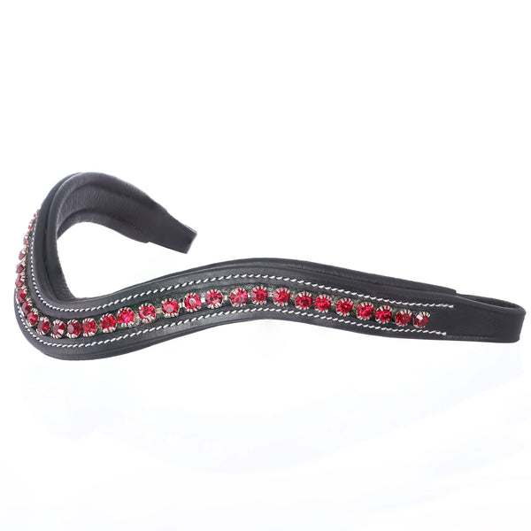 Premium Curved Padded Genuine Leather Browband with Ruby Red Crystal Accents – Handcrafted English Bridle Accessory
