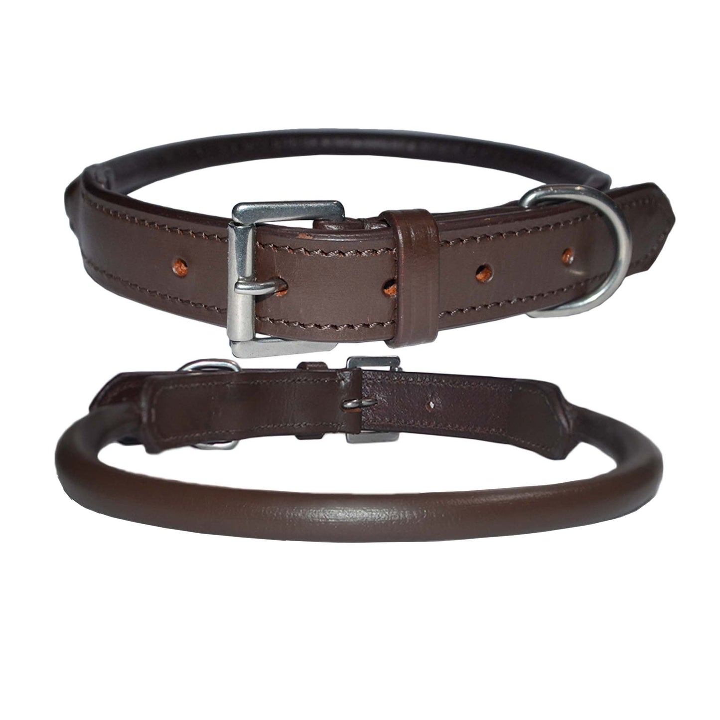 Handcrafted Rolled Genuine Leather Dog Collar – Round Leather Collar with Stainless Steel Hardware