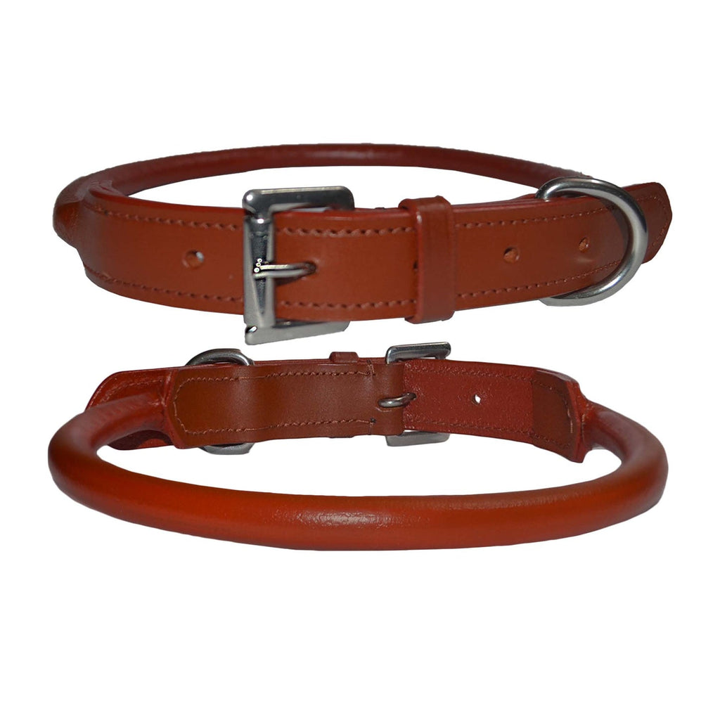 Handcrafted Rolled Genuine Leather Dog Collar – Round Leather Collar with Stainless Steel Hardware