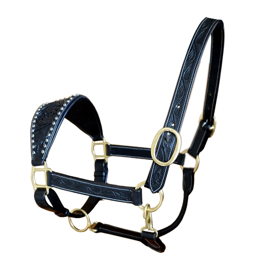 Premium Genuine Leather Horse Halter with Ostrich Leather Padded Noseband & Solid Brass Hardware