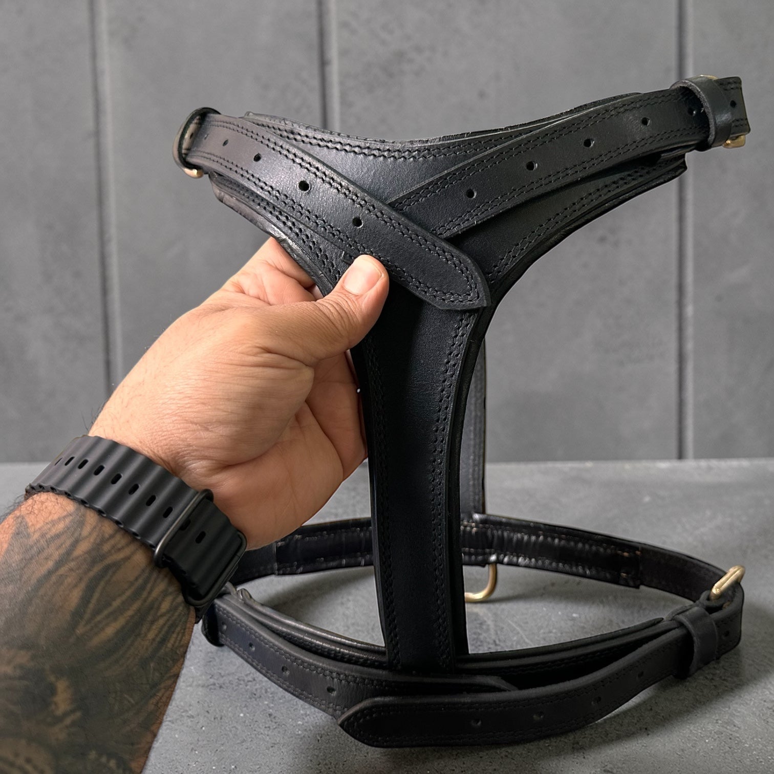 Premium Genuine Leather Dog Harness – Adjustable Padded Harness with Solid Brass Hardware