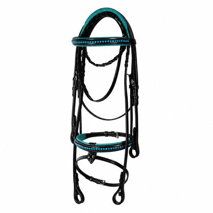 Azure Crystal Elegance Bridle – Anatomical Buffalo Leather Show Bridle with Single Row Blue Crystal Browband