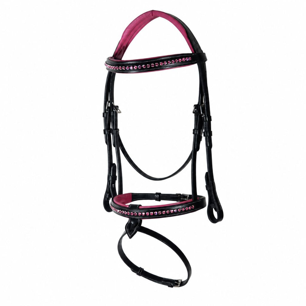 Blush Crystal Elegance Bridle – Anatomical Buffalo Leather Show Bridle with Single Row Pink Crystal Browband