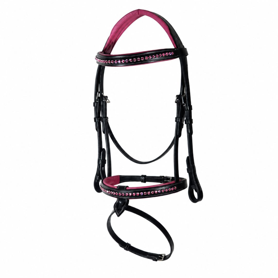 Blush Crystal Elegance Bridle – Anatomical Buffalo Leather Show Bridle with Single Row Pink Crystal Browband