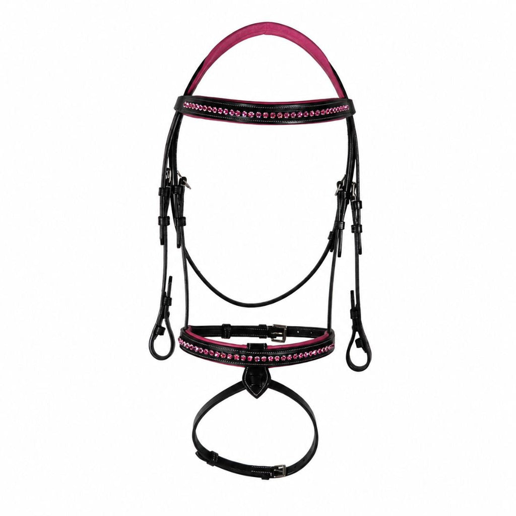 Blush Crystal Elegance Bridle – Anatomical Buffalo Leather Show Bridle with Single Row Pink Crystal Browband