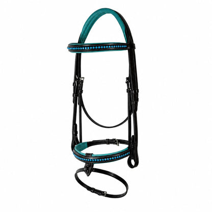Azure Crystal Elegance Bridle – Anatomical Buffalo Leather Show Bridle with Single Row Blue Crystal Browband