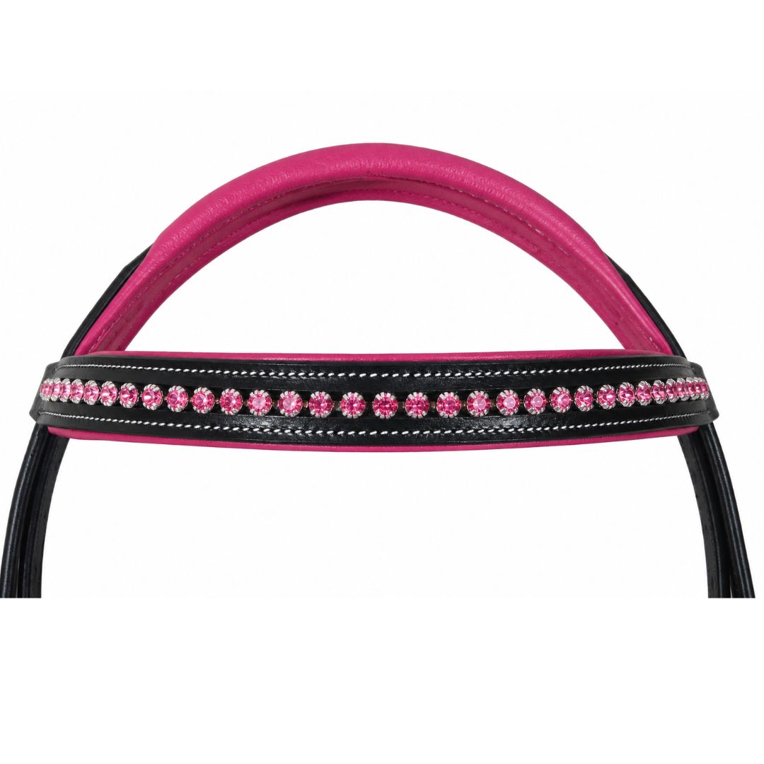 Blush Crystal Elegance Bridle – Anatomical Buffalo Leather Show Bridle with Single Row Pink Crystal Browband