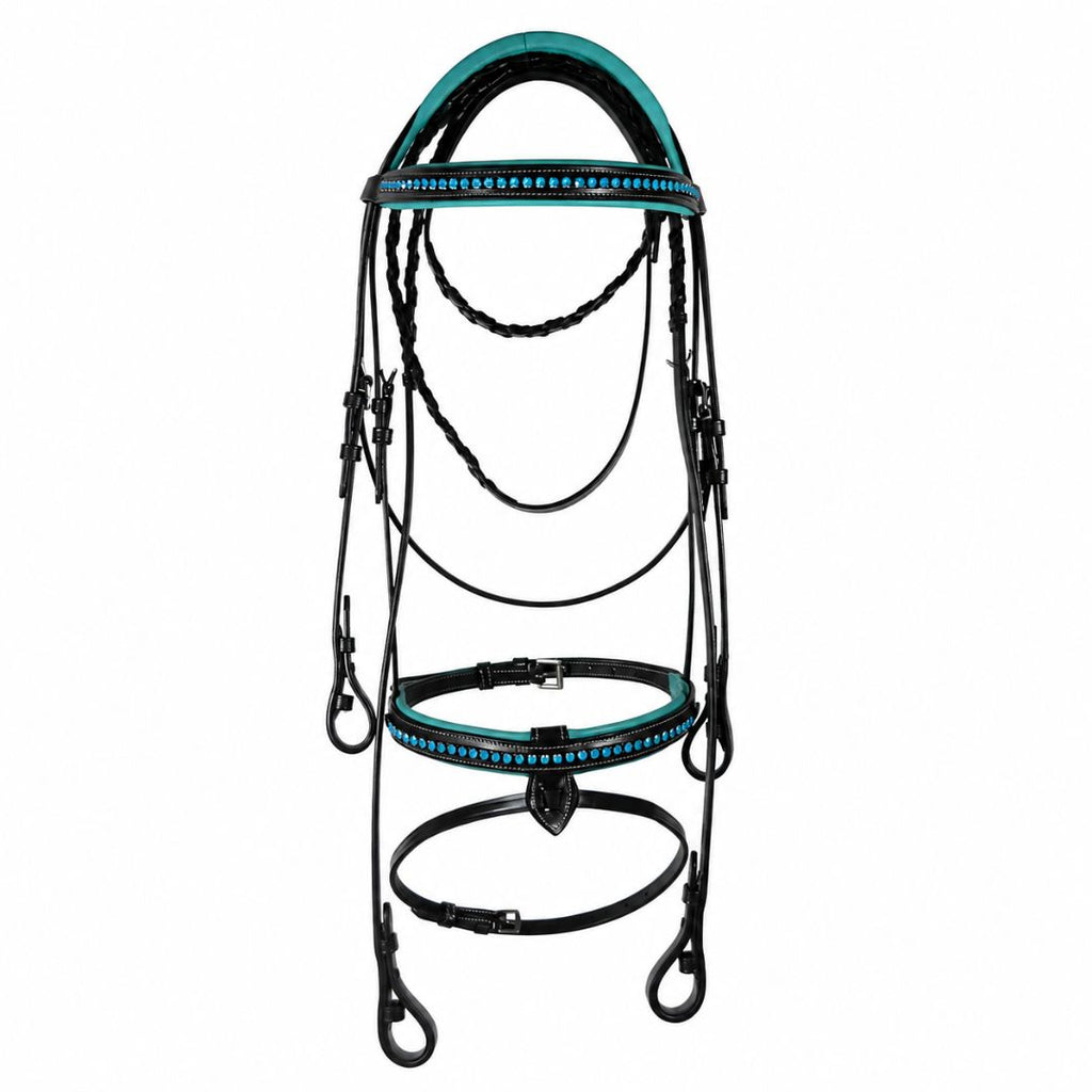 Azure Crystal Elegance Bridle – Anatomical Buffalo Leather Show Bridle with Single Row Blue Crystal Browband