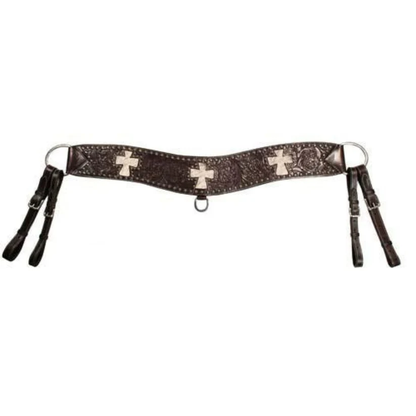 Hand-Tooled Floral Cross Inlay Breast Collar – Double-Layer Buffalo Leather Western Tack