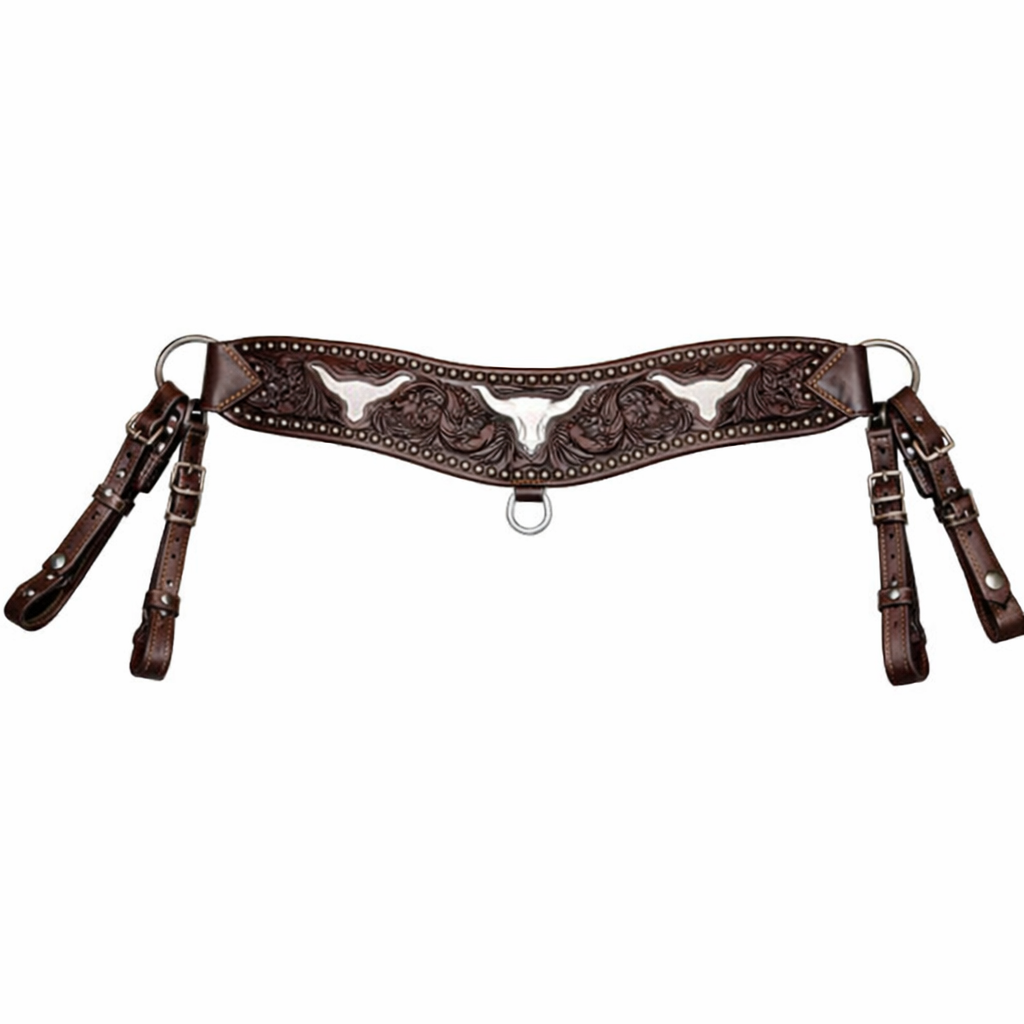 Handcrafted Longhorn Inlay Western Breast Collar – Floral Tooled Double-Layer Leather Tack