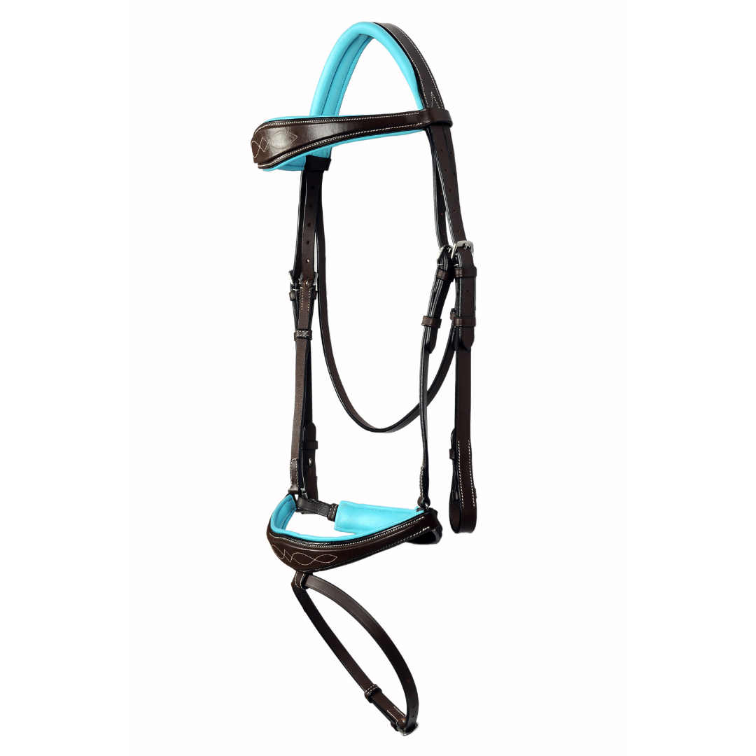 Signature Teal Fancy Stitch Show Bridle – Anatomical Buffalo Leather English Bridle with Soft Padded Comfort