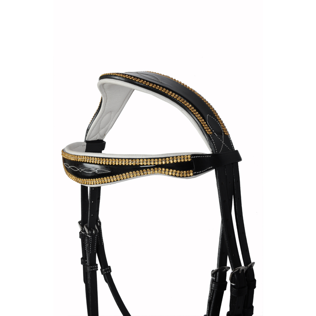 Royal Gold Crystal Dressage Bridle – Fancy Stitched Buffalo Leather English Bridle with Padded Comfort