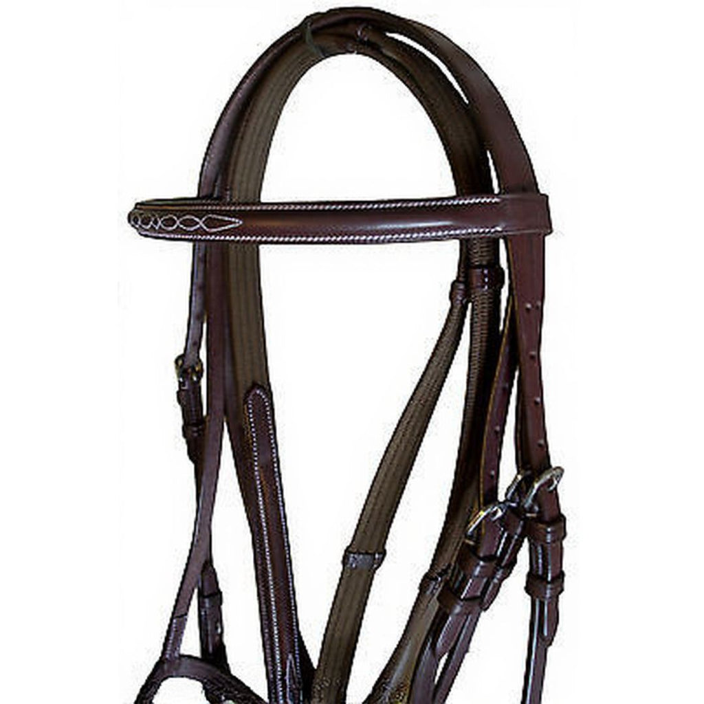 Classic Heritage Fancy Stitch Bridle – Raised Buffalo Leather English Bridle with White Contrast Stitching & Matching Reins