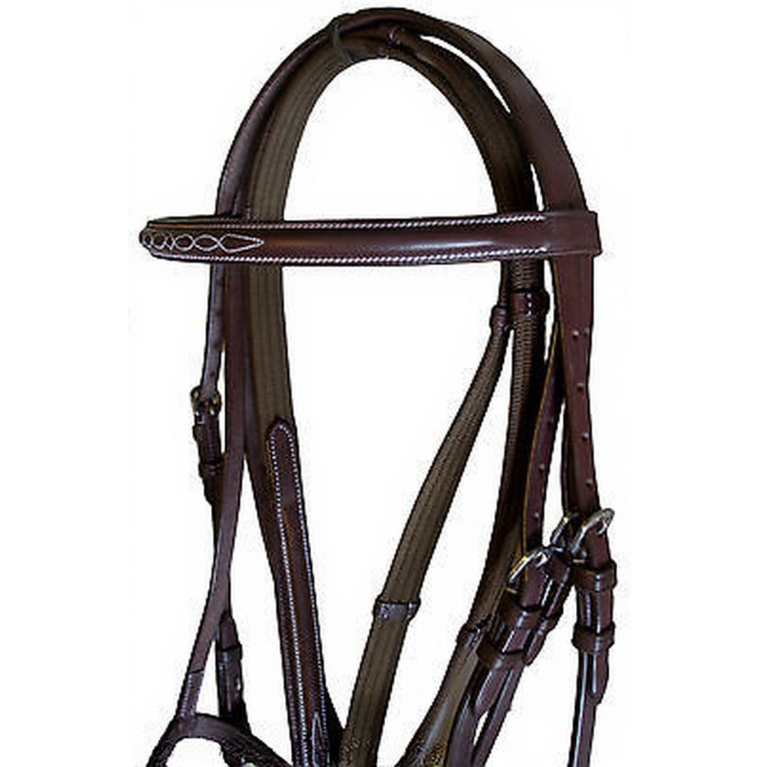Classic Heritage Fancy Stitch Bridle – Raised Buffalo Leather English Bridle with White Contrast Stitching & Matching Reins