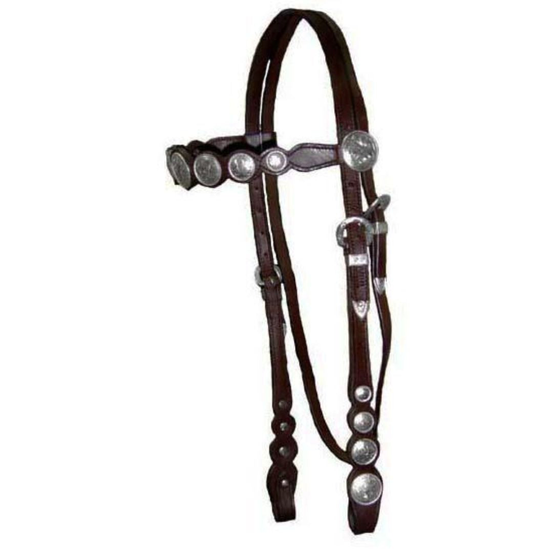 Hand-Engraved Silver Concho Leather Horse Headstall – Western Show & Trail Bridle