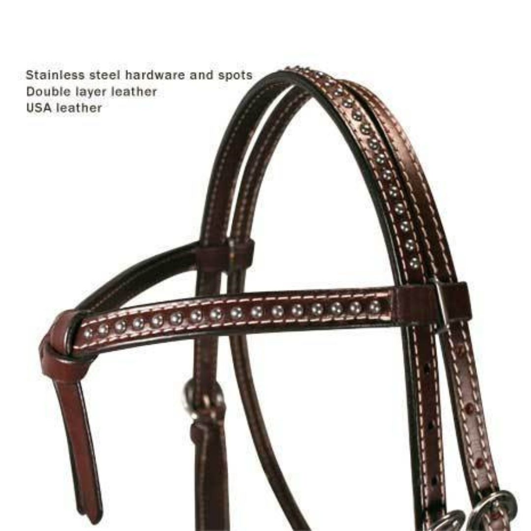 Knotted Browband Leather Horse Headstall – Spotted Western Design with Stainless Steel Hardware