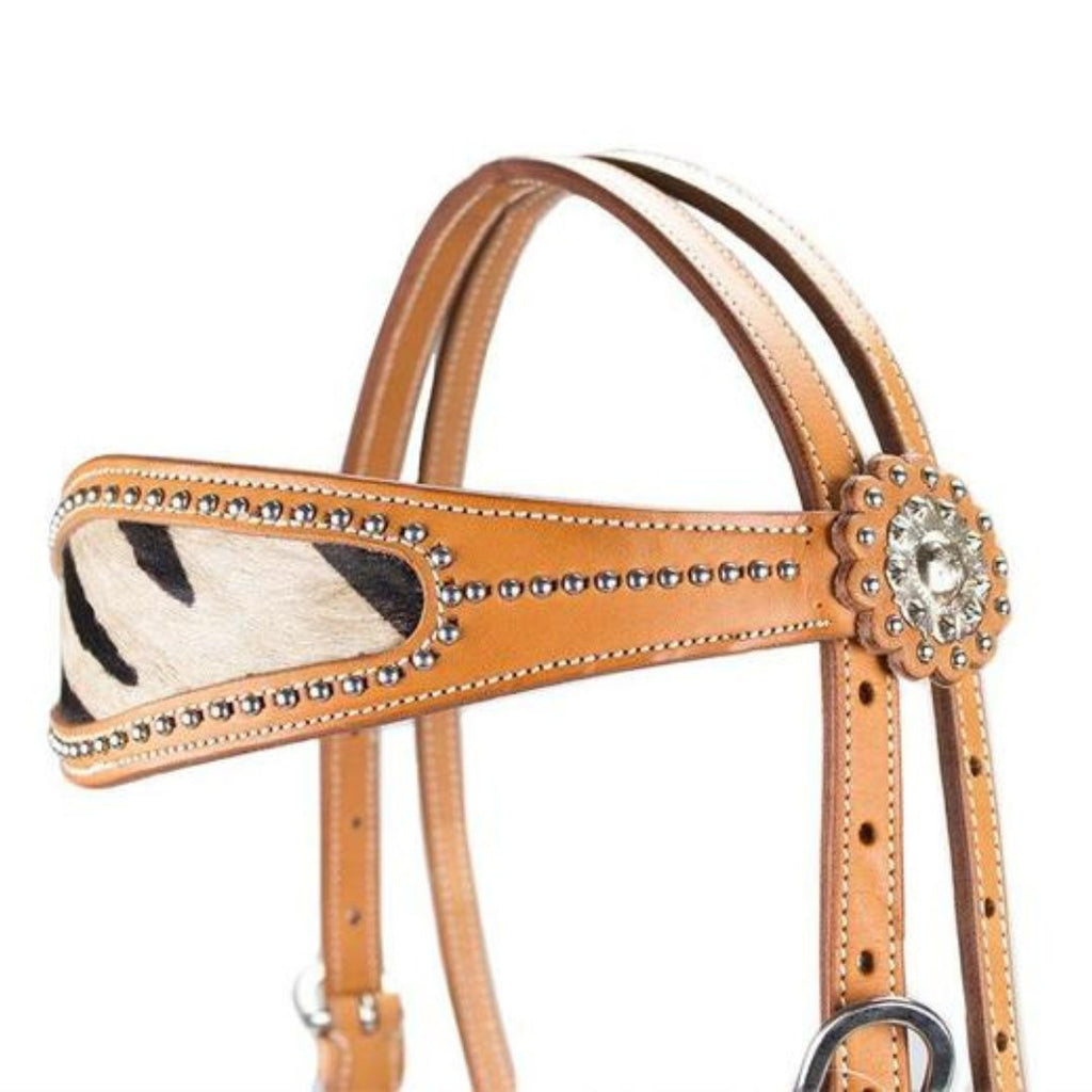 Zebra Hair-On Inlay Western Horse Headstall – Double-Layer Leather with Decorative Spots