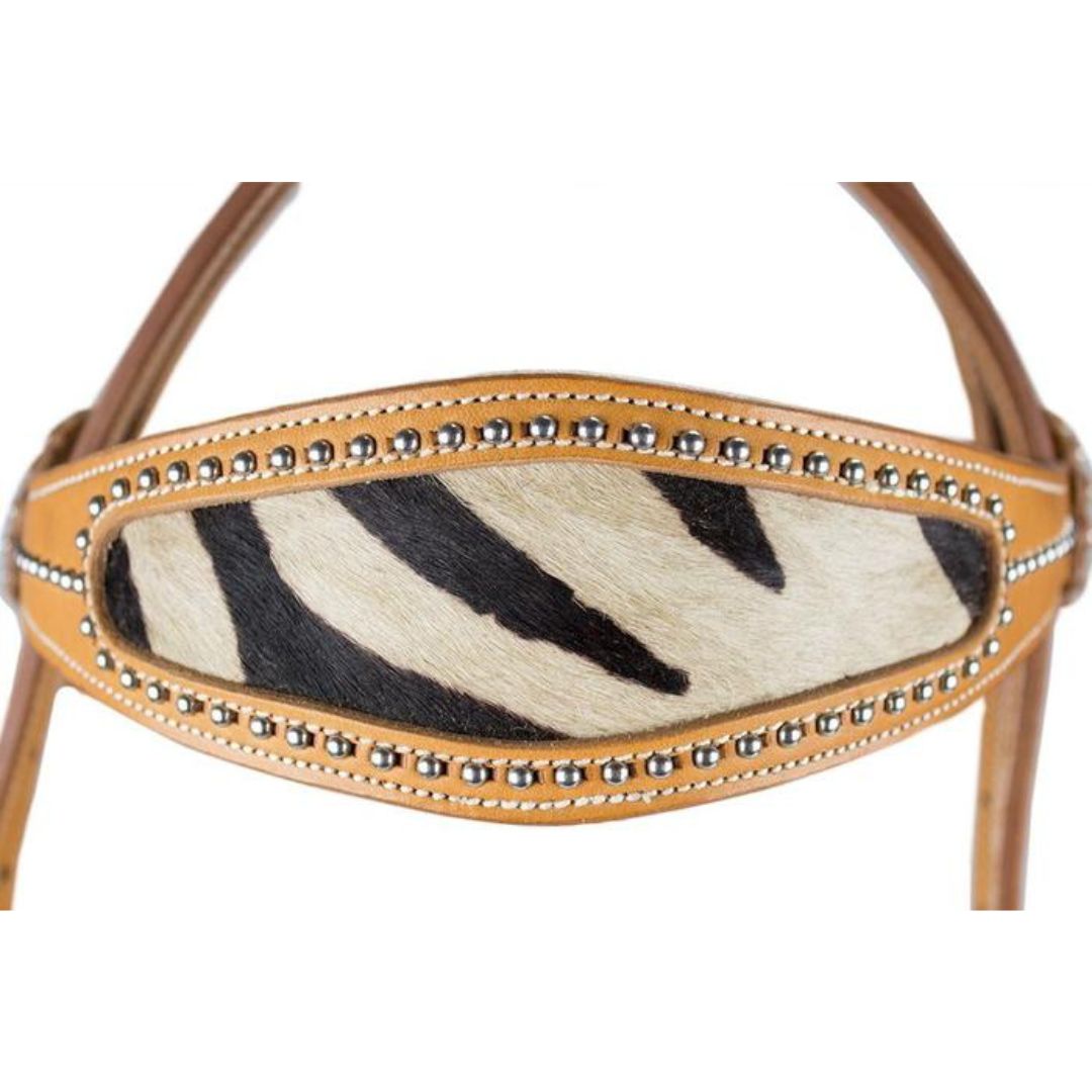 Zebra Hair-On Inlay Western Horse Headstall – Double-Layer Leather with Decorative Spots