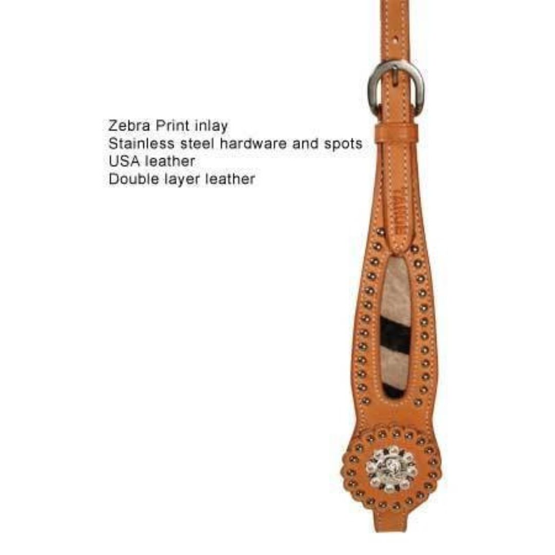 Zebra Hair-On Inlay Western Horse Headstall – Double-Layer Leather with Decorative Spots