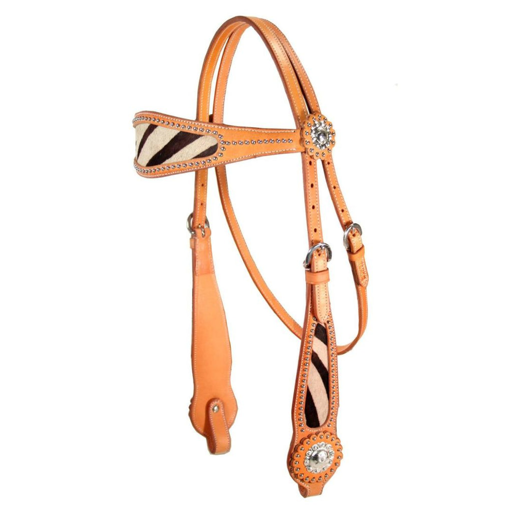 Zebra Hair-On Inlay Western Horse Headstall – Double-Layer Leather with Decorative Spots