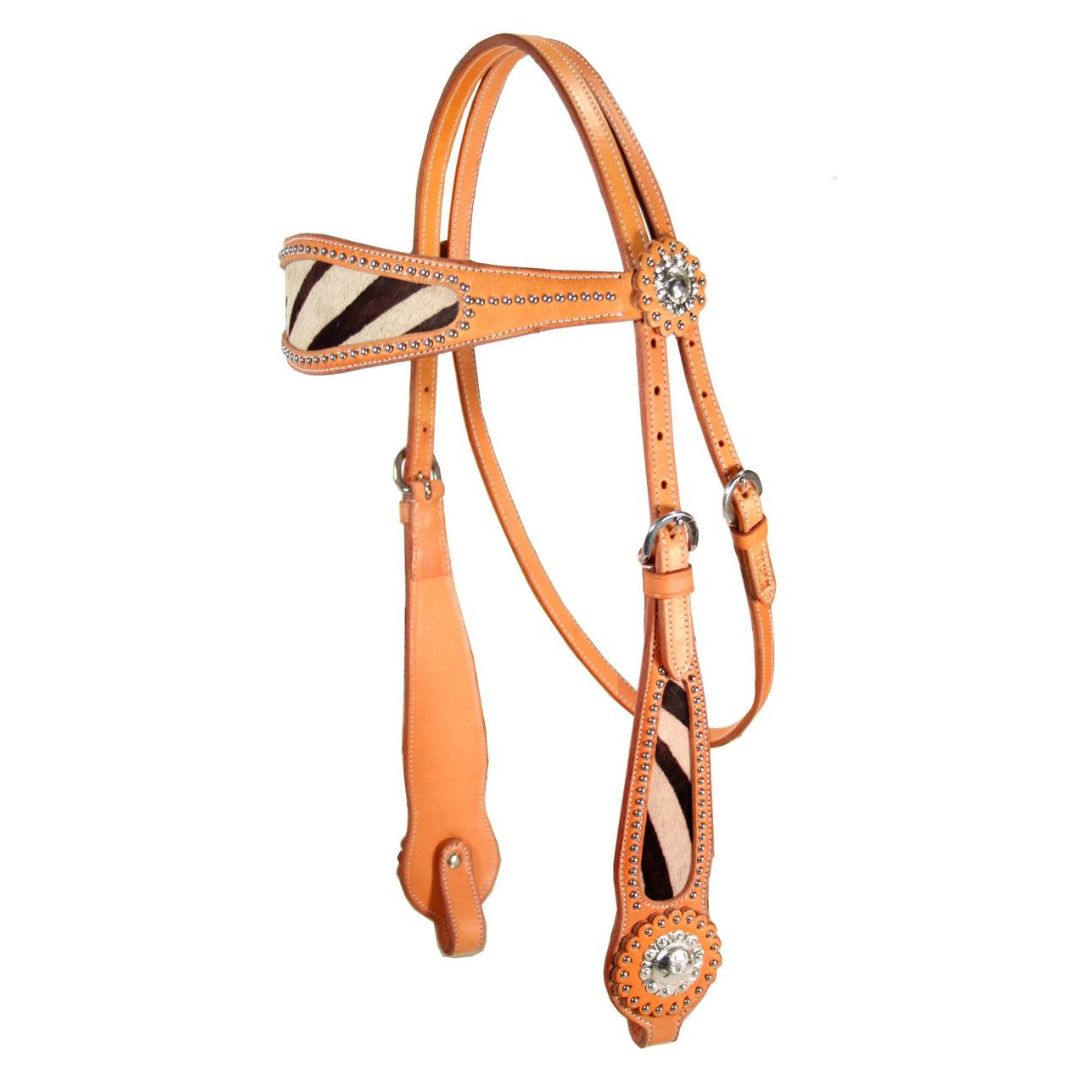Zebra Hair-On Inlay Western Horse Headstall – Double-Layer Leather with Decorative Spots