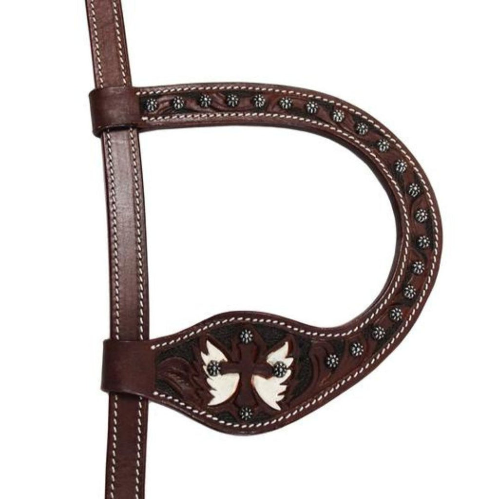 Hand-Carved Wing One-Ear Leather Headstall – Western Horse Tack with Painted Cross & Silver Accents