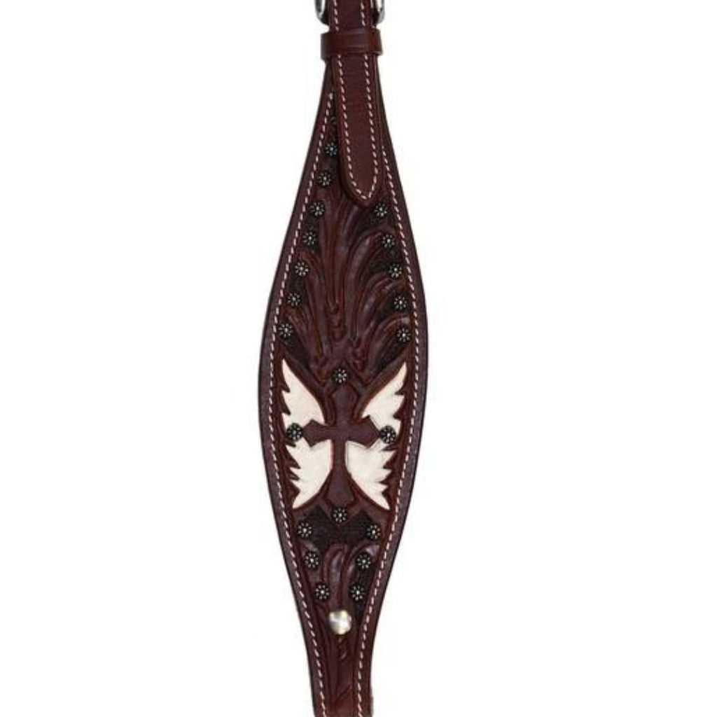 Hand-Carved Wing One-Ear Leather Headstall – Western Horse Tack with Painted Cross & Silver Accents