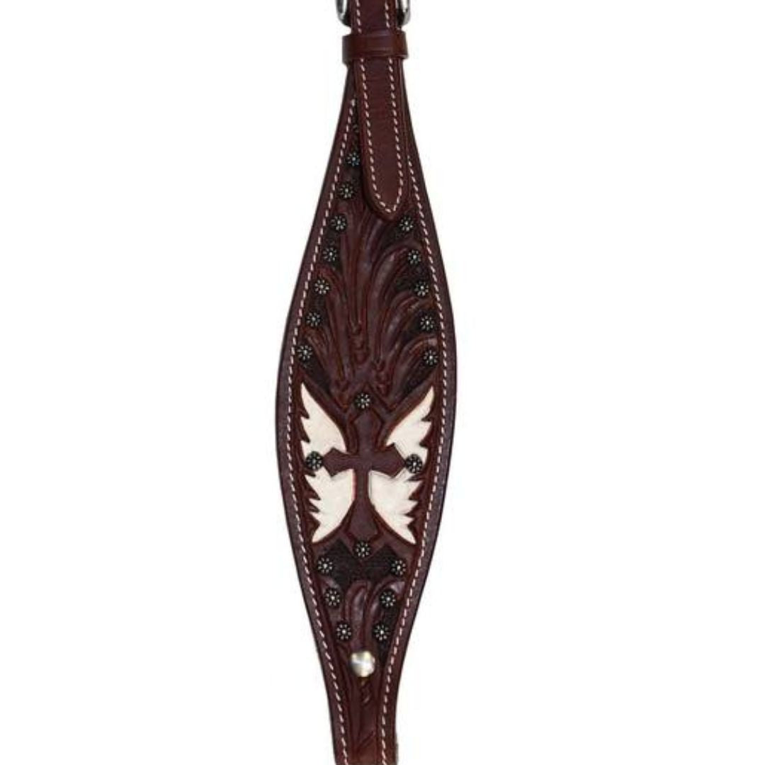 Hand-Carved Wing One-Ear Leather Headstall – Western Horse Tack with Painted Cross & Silver Accents