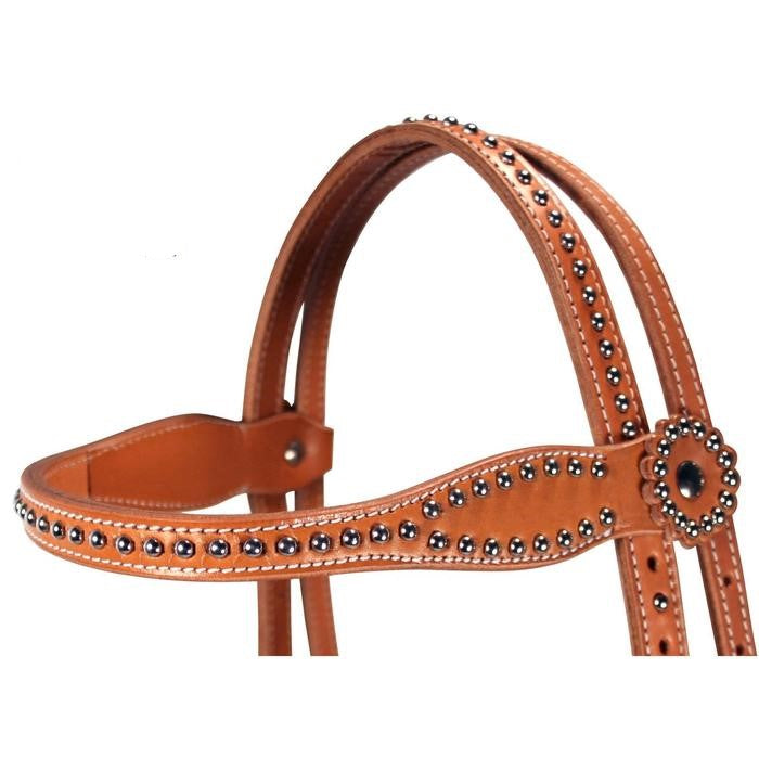 Western Leather Horse Headstall with Stainless Steel Spot Detailing – Reinforced Stitching