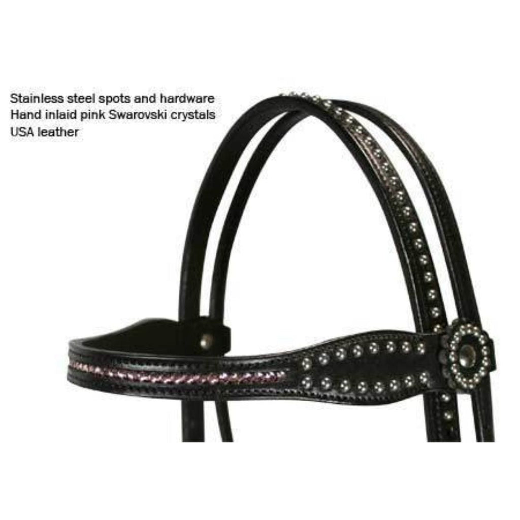 Crystal Western Leather Horse Headstall – Stainless Steel Spot Detailing