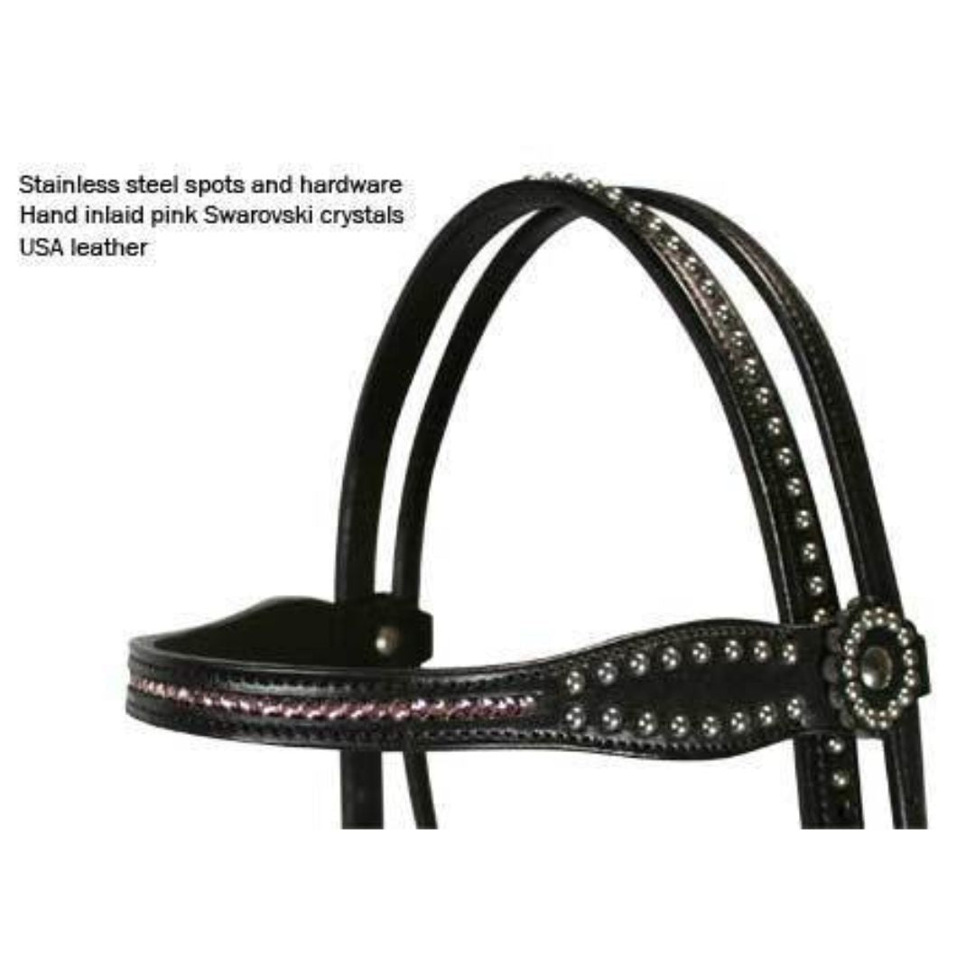Crystal Western Leather Horse Headstall – Stainless Steel Spot Detailing