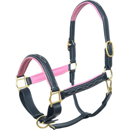 Fancy Raised Stitch Genuine Leather Horse Halter – Padded Adjustable Headcollar with Solid Brass Hardware