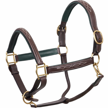 Fancy Raised Stitch Genuine Leather Horse Halter – Padded Adjustable Headcollar with Solid Brass Hardware