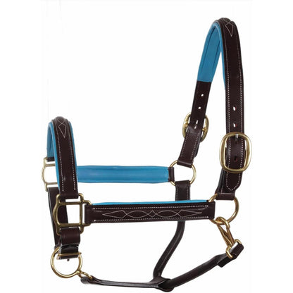 Fancy Raised Stitch Genuine Leather Horse Halter – Padded Adjustable Headcollar with Solid Brass Hardware