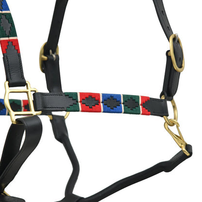 Premium Polo Leather Horse Halter – Adjustable Padded Headcollar with Decorative Thread Design & Solid Brass Hardware