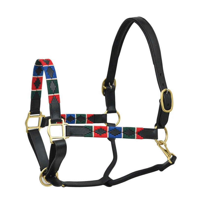 Premium Polo Leather Horse Halter – Adjustable Padded Headcollar with Decorative Thread Design & Solid Brass Hardware
