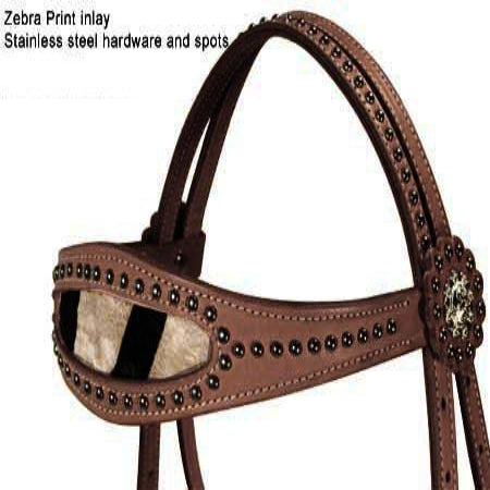 Western Leather Tack Set – Zebra Inlay Headstall, Breast Collar & Matching Reins