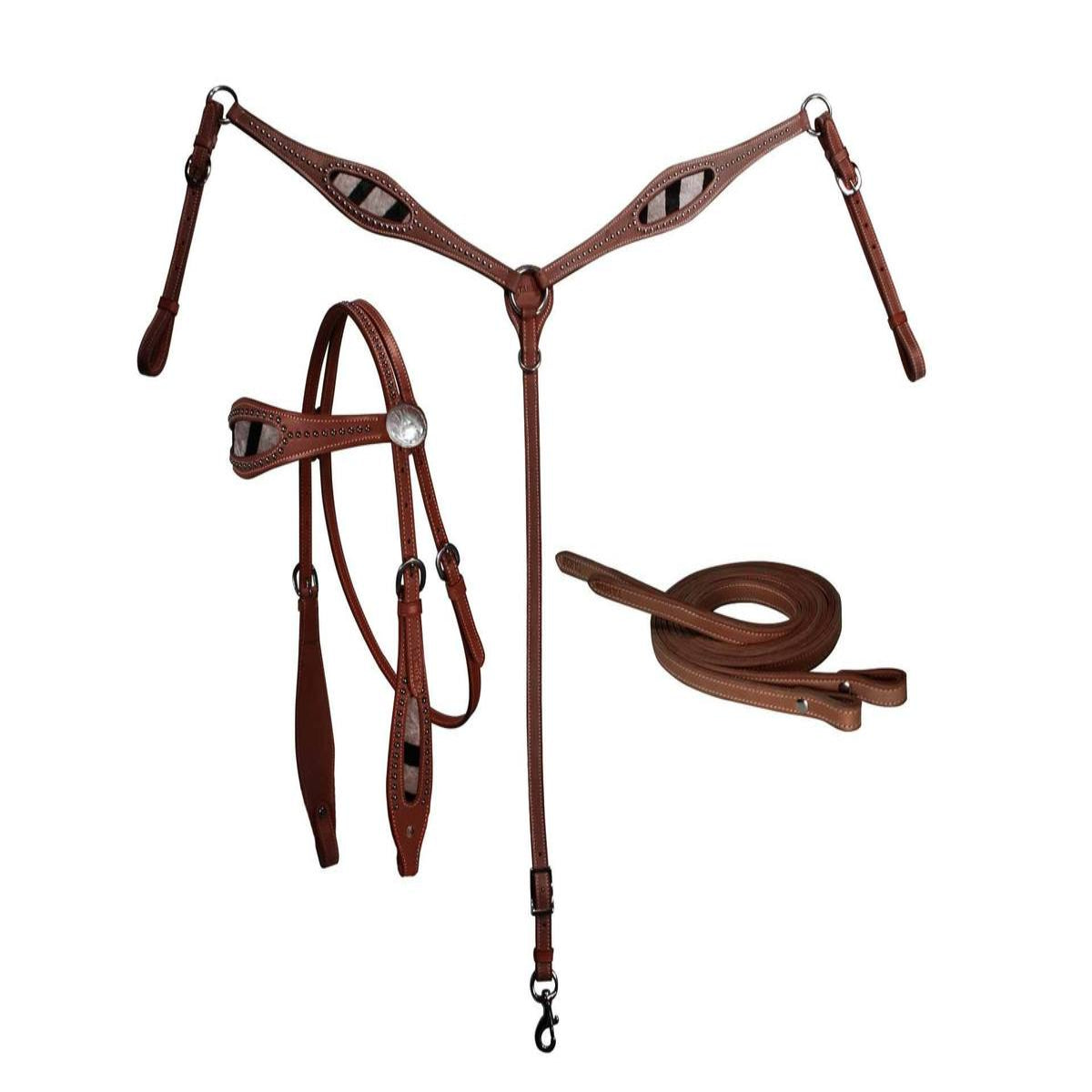 Western Leather Tack Set – Zebra Inlay Headstall, Breast Collar & Matching Reins