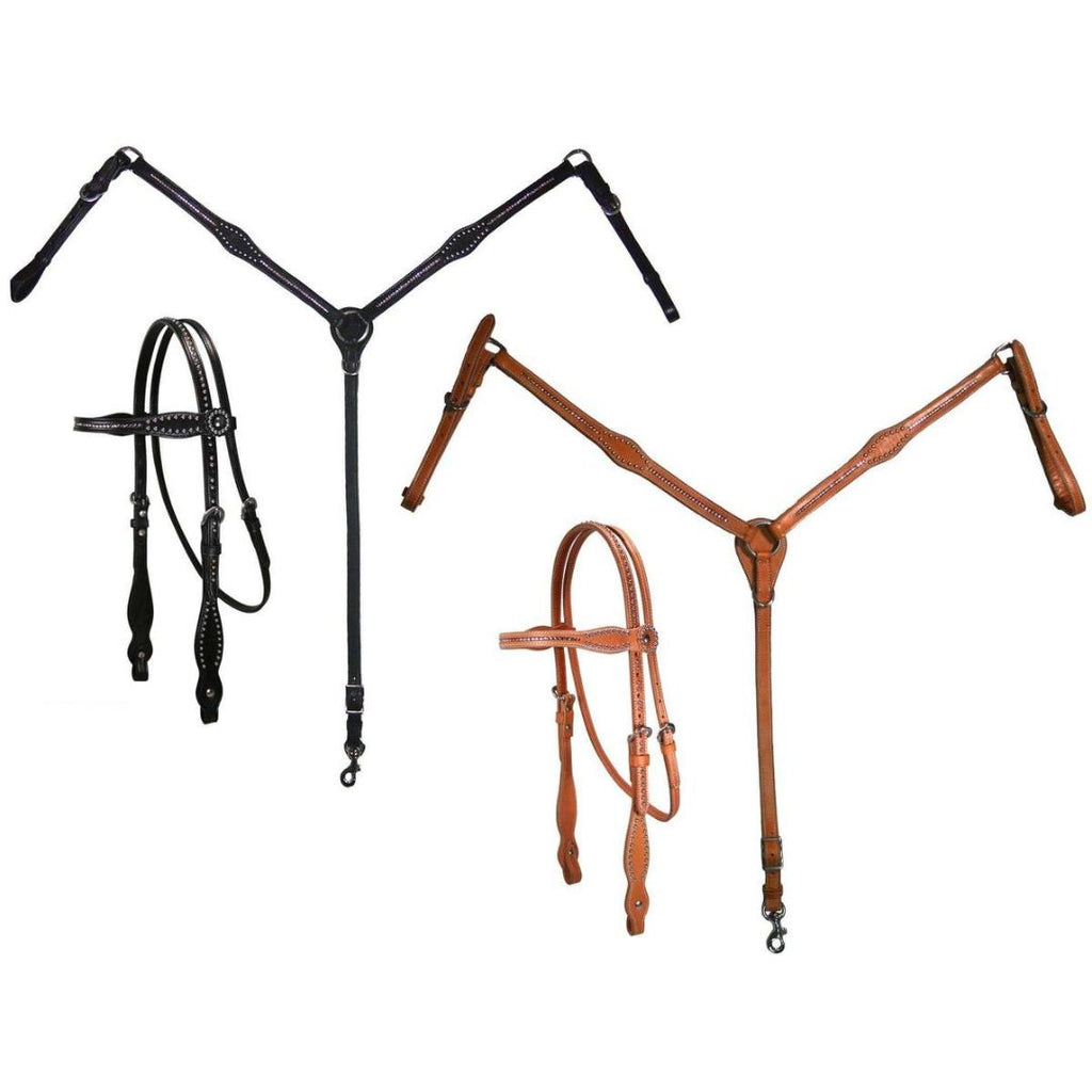 Western Leather Headstall & Breast Collar Set – Pink Crystal Inlay with Silver Accents