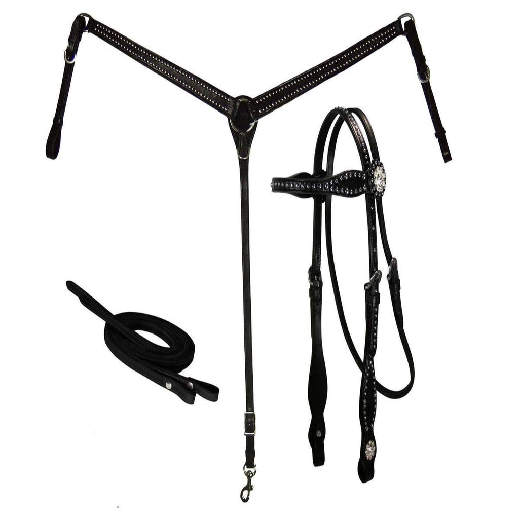 Silver Accent Leather Tack Set – Headstall, Breast Collar & Matching Reins