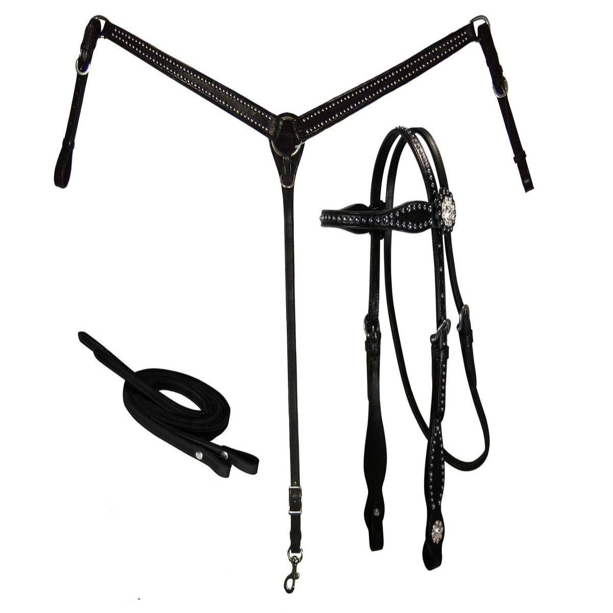 Silver Accent Leather Tack Set – Headstall, Breast Collar & Matching Reins
