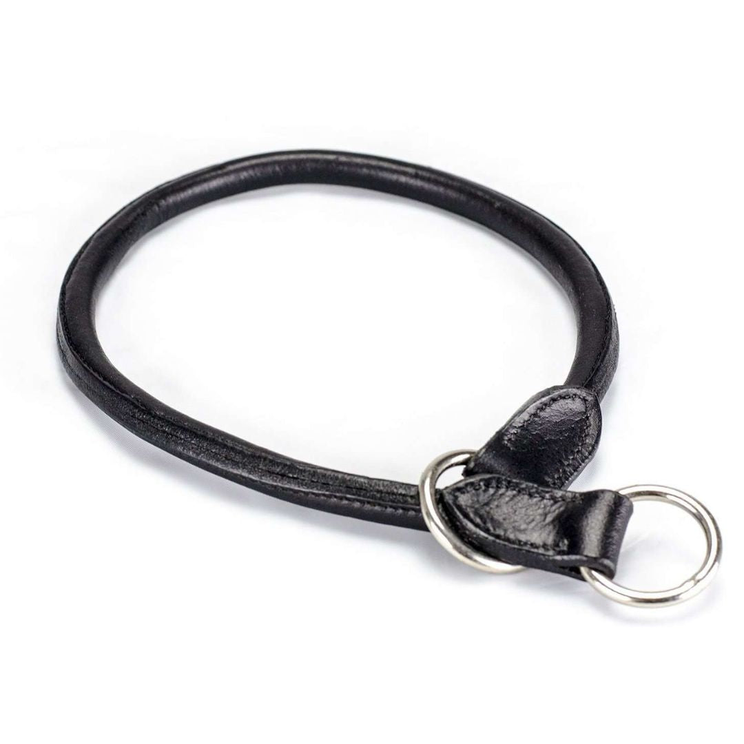 Rolled Genuine Leather Choke Dog Collar – Handcrafted Genuine Leather Slip Collar with Stainless Steel Rings