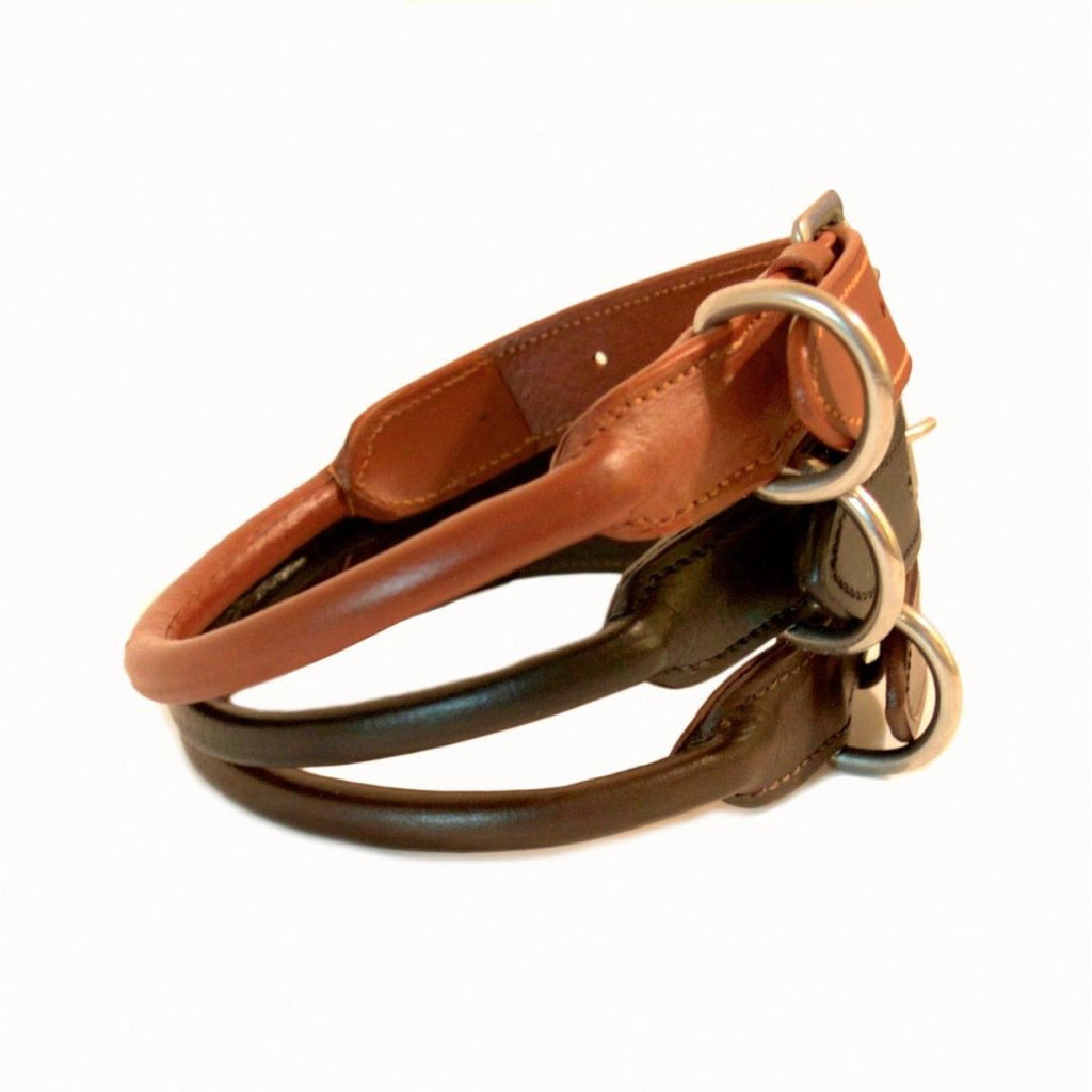Handcrafted Rolled Genuine Leather Dog Collar – Round Leather Collar with Stainless Steel Hardware